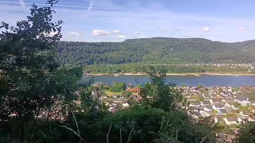 The video shows a wide shot of a river valley from a slightly elevated position. In the foreground, there are trees and foliage, with some tall grasses in the bottom right corner. The middle ground features a town with numerous white-roofed buildings, a river, and a densely forested hill on the opposite side of the river. The background consists of more forested hills and a bright blue sky with scattered white clouds and faint contrails. The camera appears to be panning slowly to the right.