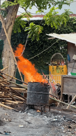 Cow, calf, and open fire in a Kuta backyard