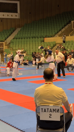 Karate competition held in Gabrovo arena with multiple matches