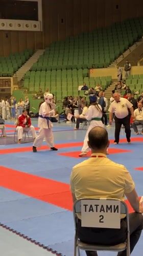 Karate competition held in Gabrovo arena with multiple matches