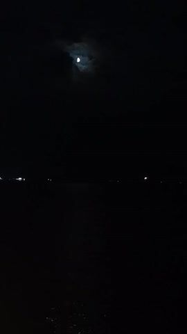 A dark, still body of water reflects the faint glow of a crescent moon peeking through scattered clouds. Distant lights glimmer on the horizon, suggesting a shoreline or civilization. The overall impression is one of quiet solitude under a nocturnal sky.