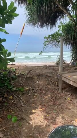 The video captures a view from a beach, looking out towards the ocean. In the foreground, there is a sandy path with exposed tree roots and fallen leaves. A wooden structure, possibly a bench or a platform, is visible on the right side. A motorbike's side mirror is positioned in the bottom center of the frame, reflecting graffiti on a wall and some greenery. Beyond the path, a sandy beach meets the ocean, where waves are gently rolling in. A tall, thin pole with a yellow and orange flag on top stands near the water's edge on the left. Lush green foliage from trees overhangs the scene from the top and right sides. The sky is partially cloudy.