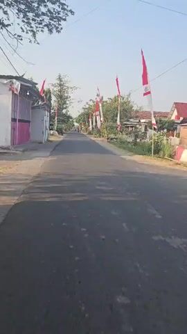 This is a first-person perspective video shot from a moving vehicle, likely a motorcycle, driving down a paved road in a village. The road is lined with trees and houses, and Indonesian flags are prominently displayed on poles on both sides of the road. A few people are seen on motorcycles in the distance, and one appears to be walking on the side of the road. The sky is clear and the sun is shining, indicating it is daytime. The overall impression is of a peaceful, rural setting decorated for a national celebration.