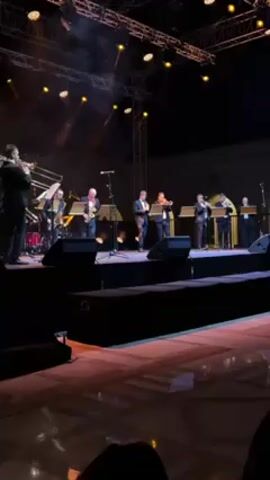 A band is performing on a brightly lit stage, with nine musicians playing various instruments including trumpets, trombones, and saxophones. The stage is elevated and surrounded by speakers and lighting rigs.  The backdrop is a simple building facade.  In the foreground, a polished floor reflects the stage lights. The video is shot from the audience perspective.