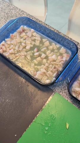The video shows a kitchen countertop with two blue glass baking dishes containing diced raw fish submerged in liquid. A green cutting board and a red bowl are also visible. A hand reaches into one of the dishes and briefly stirs the fish. The countertop is speckled gray and white.