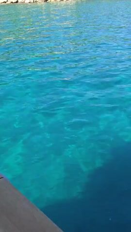This is a video captured from a boat moving through clear, turquoise water. The scene is a coastal landscape with a gently sloping, green-covered hill rising from the shore. Rocky outcrops are visible along the coastline. In the distance, buildings, including a prominent multi-story structure with red-tiled roofs, are nestled amongst the greenery and along the water's edge. Further along the coast, a town with smaller buildings and a distinctive tower is visible. The sky is a bright, clear blue, indicating sunny weather and likely daytime. The water is calm, with gentle ripples, and appears shallow enough in places to see the seabed. The overall mood is peaceful and serene, suggesting a leisurely boat trip on a beautiful day. No visible text is present in the video.