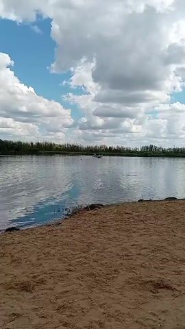 A wide river stretches horizontally across the frame, its surface reflecting the sky. On the far bank, a line of trees forms a natural horizon. In the foreground, a sandy beach slopes down to the water's edge. Several people are visible in the water near the shore, and a small boat is moving across the river in the distance. The sky is filled with fluffy white clouds against a bright blue background. The scene appears to be a leisurely summer day by the water.