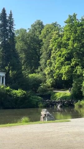 A wide shot shows a tranquil park scene. On the left, a small white rotunda with columns is partially visible, nestled amongst lush green foliage. In the center, a calm body of water reflects the surrounding trees. A large, light-colored rock sits in the foreground on the water's edge. The background is dominated by a dense forest of tall, vibrant green trees under a clear blue sky. A gravel path runs horizontally across the bottom of the frame. The overall impression is one of serene natural beauty.