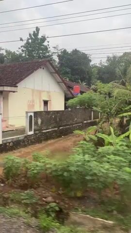 The video shows a series of houses from the perspective of a moving vehicle, likely a car or train. The houses appear to be in a rural or suburban setting, with trees and vegetation surrounding them. The first house is a light yellow single-story building with a red tile roof, a porch with pillars, and a fence in front. The subsequent shots reveal more houses, some under construction, others appearing older and surrounded by lush greenery. The weather appears to be overcast.