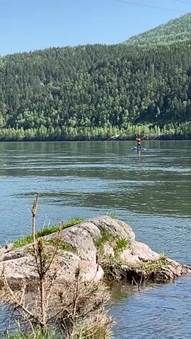 The video presents a serene outdoor scene featuring a person paddleboarding on a wide body of water, likely a river or lake, in Sliznevo, Russia.

In the mid-ground, a lone individual stands on a paddleboard, actively paddling across the calm water. The person is wearing a red top, making them a distinct focal point against the blue water and green backdrop. The water exhibits gentle ripples, reflecting the bright daylight.

The background is dominated by a majestic, heavily forested hillside that stretches horizontally across the frame. The trees are a vibrant green, indicating a lush natural environment. The sky above is clear and blue, suggesting a sunny day.

In the foreground, large, light-colored rocks emerge from the water on the left side of the frame. These rocks are sparsely adorned with small patches of green grass and a few thin, leafless branches, adding texture to the immediate surroundings.

The overall impression is one of peaceful outdoor recreation on a beautiful, clear day. There is no visible text in the video. Background music can be heard, contributing to the tranquil ambiance.