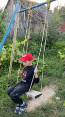 Backyard afternoon: swings, ripening pears, and a quick selfie.