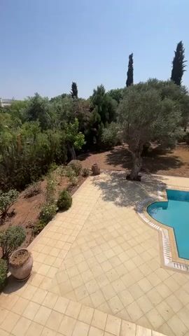 The video shows a rectangular swimming pool with bright blue water, surrounded by a tiled patio. An olive tree casts a shadow over the patio and pool. Beyond the pool, there is a landscape with various trees and dry earth. The sky is clear and blue. The camera pans from a higher vantage point to reveal more of the surroundings, including a shaded pergola with stone pillars.