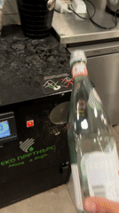 Person recycles bottle, holds wine in Sofia indoor setting