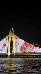Illuminated bridge and cityscape captured in Haizhu District nighttime