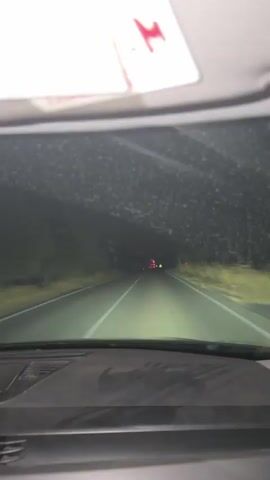 The video is a first-person perspective from inside a vehicle, looking forward through the windshield. The vehicle is on a road at night, indicated by the darkness of the surroundings and the illumination from the headlights. The headlights are on and are projecting light onto the road ahead, which appears to be paved and has white lane markings. The windshield has some dirt or debris on it, creating small white speckles visible in the frame. Trees or foliage are visible on either side of the road, appearing as dark shapes against the night sky. In the distance, there are a few points of light, possibly from other vehicles or distant structures. The interior of the car is partially visible in the foreground, including part of the dashboard and the sun visor at the top of the frame. The scene is dimly lit overall, with the primary light source being the car's headlights.