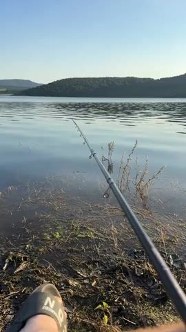 This media file captures a serene moment of fishing by a calm lake at sunset. The primary subject is a fishing rod, held by an unseen individual whose leg and foot, clad in a sandal with the text "NO" visible, are in the foreground. The fishing rod extends into the water, with the line disappearing beneath the surface, suggesting an active fishing session.

The scene is set by a lake, with gentle ripples on its surface reflecting the clear blue sky and the warm glow of the setting sun. The water's edge is lined with dark soil and debris, interspersed with dry, thin reeds and some green aquatic plants. In the background, a range of rolling hills covered in lush green vegetation forms a picturesque horizon. The sun, a bright orb, is positioned low in the sky, casting a golden light across the water and silhouetting the distant hills. The overall atmosphere is one of tranquility and peacefulness, enhanced by the natural beauty of the landscape and the quiet activity of fishing. The time of day is clearly sunset, indicated by the sun's position and the warm lighting. The weather appears to be pleasant, with a clear sky and calm water. The location context of Debelets, Bulgaria, adds a specific geographical point to this otherwise universal scene of outdoor leisure. No other explicit text is visible besides the word "NO" on the sandal.