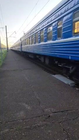 A blue train with white stripes is traveling along a track. The train cars have multiple windows. The platform in front of the train is made of asphalt with visible cracks. The sky is bright, suggesting it is daytime, possibly early morning or late afternoon. Overhead electrical wires are visible, indicating an electrified railway line. The train is moving away from the camera, disappearing into the distance. The environment appears to be rural or suburban, with some greenery visible in the background.