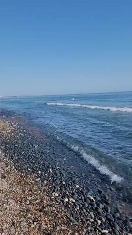 This video shows a rocky beach with waves gently lapping the shore. The water is clear and blue, and the sky is a bright, cloudless blue. In the distance, several dark shapes can be seen in the water, possibly people swimming or floating. The pebbles on the beach are a mixture of dark gray and lighter gray, with some white and brown stones mixed in. The camera is positioned low to the ground, giving a clear view of the water's edge and the texture of the pebbles. The video is silent, allowing the viewer to focus on the visual details of the scene.
