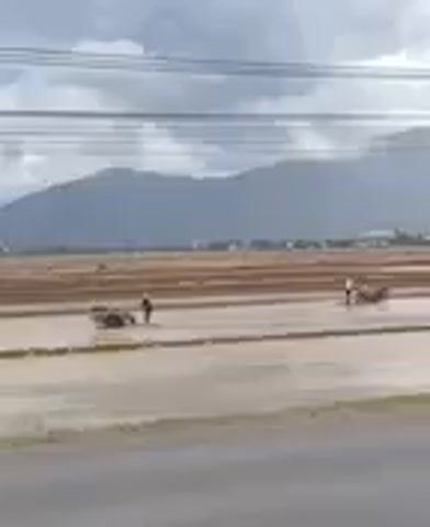 The video shows a muddy field with a person walking and pushing a cart. Another person is visible further back in the field. In the background, there are mountains and power lines overhead. A motorcycle is driving on a road in the foreground.
