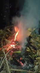 Open fires burning through leaf and branch debris near Lhokseumawe at night