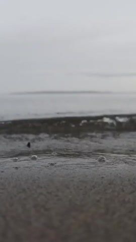 The video shows a close-up, low-angle view of gentle waves washing ashore on a sandy beach. Bubbles are visible on the wet sand as the water recedes. The sky is overcast, creating a muted, gray atmosphere. The focus is on the water and sand, with the horizon and sky out of focus in the background. The footage is steady and shows the natural movement of the water.