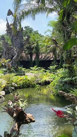 The video shows a lush tropical garden scene with a small pond in the foreground. The pond has a few plants and a small fountain bubbling in the center. Around the pond is a variety of green plants and ferns, with scattered rocks enhancing the natural look. Behind the pond, there are several large, intricately carved wooden sculptures resembling human figures or mythical creatures. These sculptures stand among palm trees and other tropical foliage, creating a serene and artistic atmosphere. In the background, a building with a traditional thatched roof is visible, adding to the exotic ambiance. The sky is blue with scattered clouds, suggesting a bright, sunny day. The camera slowly pans upwards to showcase the height of the wooden sculptures and the surrounding greenery.