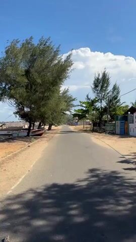 This media file shows a POV shot of a road in Pottuvil, Sri Lanka. The road is lined with trees and on the left side of the road, there are several boats pulled up on the sandy shore. Further down the road, buildings can be seen and the sky is blue with white clouds, indicating it is daytime with fair weather. The overall scene depicts a coastal village setting, likely a fishing community. There are no people visible in the frame. The activity is simply traversing the road, with the camera moving forward. The time of day appears to be morning or early afternoon given the bright sunlight and shadows. The presence of boats suggests proximity to the sea, which is a common characteristic of Pottuvil. The vibe is peaceful and serene, with a sense of quietude. No visible text is present in the media.