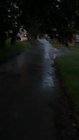 The media file shows a person walking down a wet, paved path lined with trees on one side and buildings on the other. The scene appears to be in a residential or urban area. The time of day seems to be dusk or early evening, as the lighting is dim and the sky is dark. The path is glistening with water, suggesting recent rain or a damp environment. The trees are full of leaves, indicating it is likely springtime or summer. The person is a solitary figure walking away from the camera, their form silhouetted against the dim light. The mood of the scene is somewhat somber and quiet, perhaps due to the weather and the low light. There is a small orange building with red railings visible on the right side of the path, possibly a shop or a community building. A sign with red text is visible on this building, but it is too blurry to read. The overall impression is one of a peaceful, solitary walk in a quiet, possibly slightly melancholic, urban landscape after a rainfall.