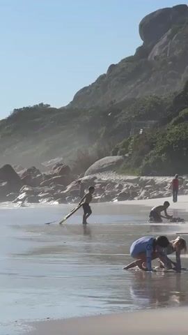 The scene is a bright, sunny beach with a large, rocky hill covered in green vegetation in the background. Several people, mostly children, are scattered across the sandy beach and the shallow water near the shoreline. In the foreground, two young girls are kneeling in the water, actively digging and playing. A boy is walking towards the water carrying a yellow bodyboard. Further back, other individuals are walking along the beach, some interacting with each other. The waves are gently lapping against the shore, and a slight mist hangs in the air near the rocks and vegetation.