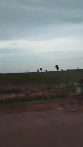 Here is a concise description of the video:

The video shows a landscape passing by from the perspective of a moving vehicle. The sky is overcast with light blue and grey clouds. The terrain is mostly flat and covered in brown and green vegetation. Scattered trees appear in the distance. A red-brown road is visible in the foreground as the vehicle travels along it. There is also a power line pole next to the road.