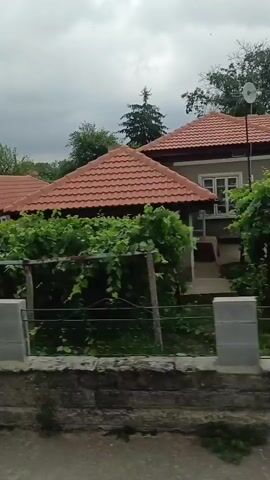 A rural village scene with houses featuring red tile roofs. Several houses are visible, some with white walls and others with wooden exteriors. Vegetation, including trees and vines, is present throughout the area. A white car is parked in front of one of the houses. The sky is overcast.
