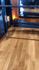 Loaded barbell in a Krasnoyarsk gym squat rack