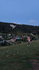 Kite flying over a Russian village at dusk