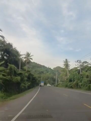 The video shows a view from inside a moving vehicle on a paved road that curves to the right. The road is lined with lush green trees and vegetation on both sides. In the distance, there are hills covered in trees. Several vehicles are visible on the road, including a white car, a light blue truck, and a few motorcycles. The sky is partly cloudy with a bright, overcast appearance. Power lines run along the right side of the road, supported by utility poles. The overall impression is a scenic drive through a tropical or subtropical landscape.