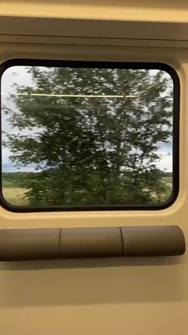 This is a first-person perspective video taken from inside a moving train, looking out a window. The view outside the window shows a rural landscape with green fields and trees. The sky is cloudy. In the foreground, a beige upholstered seatback is visible below the window. As the train moves, the landscape outside becomes blurred due to motion. There is a sign visible outside the window with a red circle and a line through it, indicating a prohibition.
