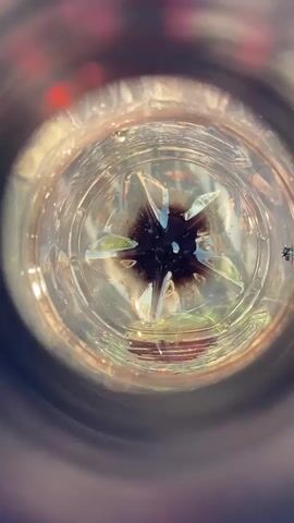 THE VIDEO SHOWS A CLOSE-UP VIEW FROM INSIDE A CLEAR PLASTIC BOTTLE. THE CAMERA IS POSITIONED AT THE BOTTOM OF THE BOTTLE, LOOKING UPWARDS AND OUTWARDS THROUGH THE OPENING. THE BOTTOM OF THE BOTTLE HAS A STAR-SHAPED PATTERN WITH RAISED SECTIONS. THERE IS A DARK PATCH IN THE CENTER OF THIS STAR-SHAPED BASE, APPEARING TO BE SOME TYPE OF RESIDUE OR DEBRIS. THE SIDES OF THE BOTTLE ARE VISIBLE AS TRANSLUCENT PLASTIC. OUTSIDE THE BOTTLE, BLURRED BACKGROUND ELEMENTS CAN BE SEEN, INCLUDING WHAT APPEARS TO BE RED AND GREEN COLORS, SUGGESTING AN OUTDOOR OR NATURAL SETTING WITH SOME VEGETATION OR OBJECTS. THERE IS A VERY SMALL, DARK OBJECT, POSSIBLY AN INSECT, VISIBLE ON THE RIGHT SIDE OF THE BOTTLE'S INTERIOR WALL. THE LIGHTING IS BRIGHT, CAUSING REFLECTIONS ON THE PLASTIC.