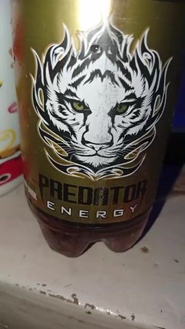The video shows a collection of items on a surface. There's a partially consumed bottle of Predator Energy drink with a tiger logo, a coffee mug with a cartoon of a man with a hat and mustache, and an unopened Captain Jack cigarillo. A glass bottle with a dark liquid is also visible, along with a small white fan in the background. The scene is dimly lit.