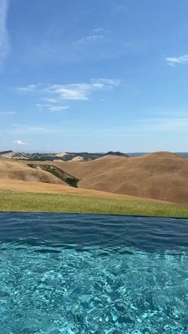 A small, light-brown dog walks across a green lawn in front of an infinity pool. The dog then walks into the pool and swims. The background is a rolling landscape of dry, golden hills under a bright blue sky with scattered clouds. The video is shot from a low angle, with the pool in the foreground.