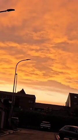 The video presents a scenic view of a residential street, dominated by a stunning orange and yellow sky, indicative of either sunrise or sunset. The clouds are vividly colored, creating a dramatic and warm atmosphere.

In the foreground on the left, a tall streetlight stands, silhouetted against the bright sky. The mid-ground features the dark silhouettes of several houses with sloped roofs and visible windows, positioned behind a line of bushes and trees. Parked cars are visible on the street: a white car is in the center, and a darker car (possibly blue or black) is on the right side of the road.

The camera subtly pans slightly to the right throughout the video, offering a broader view of the captivating sky and the street scene below. The overall impression is one of serene urban beauty, with nature's colors providing a striking backdrop to the everyday setting. The location is Mouscron, Belgium.