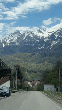 Morning street scene captured in Krasnaya Polyana, Russia