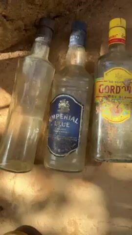 The video shows three dusty, empty bottles lying on a rough, beige-colored surface. The bottles are arranged side-by-side. On the left is a clear bottle with a black cap. In the middle is a bottle labeled "Imperial Blue Whisky" with a blue cap. On the right is a bottle labeled "Gordon's Dry Gin" with a yellow cap. The surface appears to be concrete or stone, with cracks and discoloration. The lighting is natural and somewhat subdued.