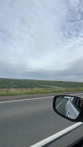 The video shows a view from inside a moving car, looking out the side window. In the foreground, a black side mirror reflects the car's interior and the road behind. The road is paved, with a white line marking the edge. Beyond the road, there is a green field, likely crops, stretching towards the horizon. The sky is overcast with clouds. The overall scene is that of a car traveling through a rural, agricultural landscape.