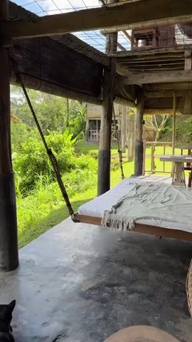 The media file depicts a serene, open-air room with a view of lush greenery. The primary focus is a large, suspended bed on the right side of the frame, covered with a white sheet and a light green blanket. The bed is hanging from thick ropes, suggesting it’s a unique, comfortable lounging area.

The room itself appears to be part of a rustic, possibly eco-friendly structure, with exposed wooden beams and pillars. Bamboo blinds are visible along the roofline, providing shade. The floor is made of concrete, and there are more wooden structures and furniture in the background, including a table and chairs.

The scene is bathed in natural light, indicating it is daytime, likely late morning or early afternoon, given the brightness and the shadows. The weather appears to be pleasant, with the abundant vegetation suggesting a tropical climate. The background reveals a vibrant landscape of trees, bushes, and possibly rice paddies, characteristic of a rural or natural setting in Indonesia, as per the location context.

There are no people visible in the media file, contributing to the tranquil and peaceful atmosphere. The overall impression is one of relaxation and connection with nature. The setting suggests a vacation rental, a retreat, or a private residence designed to embrace its natural surroundings. The visible textures of wood, concrete, and fabric, along with the natural backdrop, create a sense of warmth and understated luxury. No text is visible in the media file.