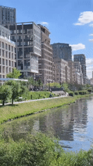 Peaceful river scenes captured in Moscow with ducks, architecture