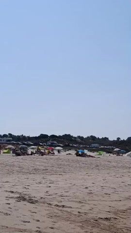 The video begins with a wide shot of a sandy beach with scattered beach umbrellas and people in the distance. The camera then pans to the right, focusing on the water's edge where gentle waves are breaking on the shore. Several people are seen walking along the wet sand and wading in the shallow water. Further out, more people are swimming and enjoying the sea. The sky is clear and blue, indicating a sunny day. The background shows a line of low, vegetated hills. The scene depicts a typical beach day with various individuals engaging in recreational activities by the ocean.