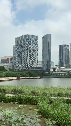 Here's a plain description of the video:

The video shows a cityscape in Macau, China, viewed from across a body of water with lush green vegetation in the foreground. The skyline is dominated by several tall, modern buildings, including one with a distinctive lattice-like facade, a sleek glass tower, and another under construction with a crane visible. Further to the right, a cluster of large buildings designed with European architectural elements, including a clock tower, are visible. The body of water reflects the sky and the buildings, and lily pads dot the water's surface near the camera. The sky is partly cloudy. The camera pans slowly to the right, showcasing the variety of buildings in the city.