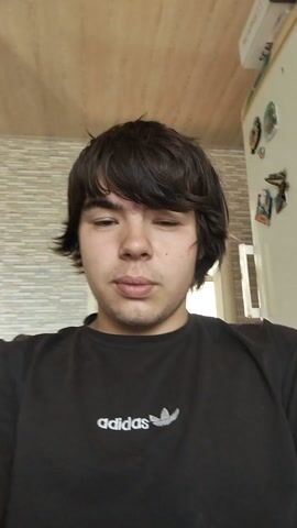 This media file features a young person, likely male, with dark, shaggy hair and a light complexion. He is wearing a black t-shirt with a white Adidas logo on the left chest. The person is looking towards the camera, with their right hand extended and slightly out of focus in the foreground, as if waving or gesturing.

The setting appears to be indoors, possibly a kitchen or dining area. Behind the person, there is a wall with a tiled pattern in a light, neutral color, and to the right, a wall with a wood-paneled texture. There are some objects visible on a surface below the person's hand, including what appear to be magnets on a refrigerator. One of these objects has the word "SCARLETT" visible. The lighting suggests it is daytime, possibly late morning or afternoon, given the natural light coming from a window area behind the subject.

The person's expression is relaxed and somewhat playful, with a slight smile. The overall mood is casual and informal, suggesting a personal video or snapshot taken by the subject themselves. The visible text is "adidas" on the t-shirt and "SCARLETT" on an object in the background. The location context provided is Зиянчурино, Russia.