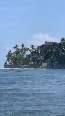 The video shows a view from a body of water, likely the ocean, looking towards a tropical coastline. The water in the foreground is a deep blue, with gentle waves and some whitecaps. In the mid-ground, there is a sandy beach with several palm trees lining the edge. The palm trees are tall and slender, with lush green fronds. Behind the palm trees, on a slight elevation, is a large building with a light-colored facade and a dark roof, possibly a hotel or a private residence. There appears to be a person walking on the beach in the distance. The sky is a pale blue with some scattered clouds. The overall impression is one of a serene and picturesque tropical scene.
