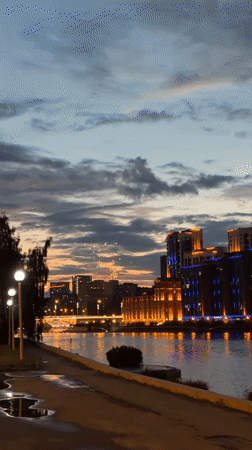 Fireworks and street art along the Iset River at dusk