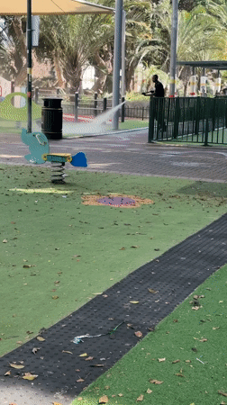 Man operates sprayer producing white mist in Netanya park